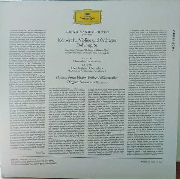 Ludwig Van Beethoven, Christian Ferras, Herbert von Karajan, Berliner Philharmoniker : Violinkonzert D-Dur (LP, RE)