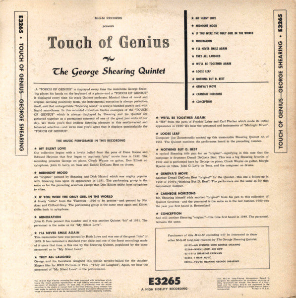 The George Shearing Quintet : Touch Of Genius! (LP, Album)
