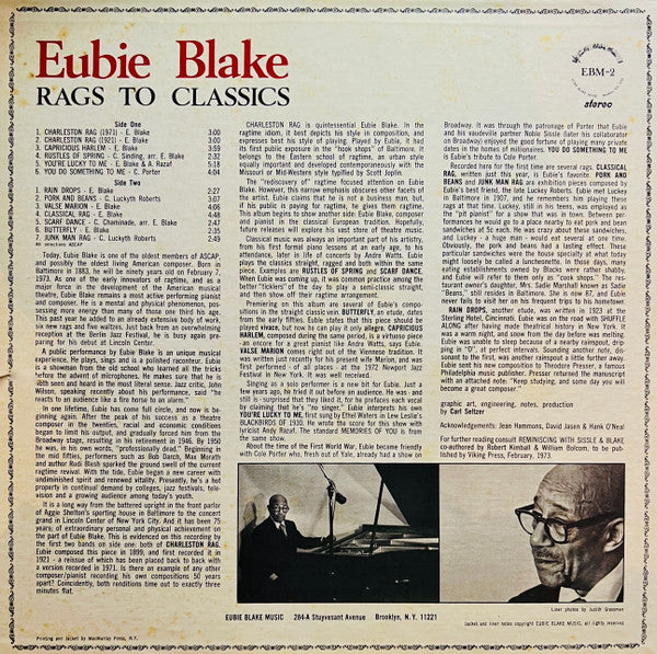 Eubie Blake : Rags To Classics (LP)