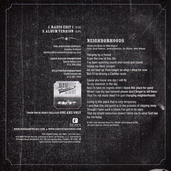 Big Daddy Weave : Neighborhoods (The Radio Single) (CD, Single, Promo)