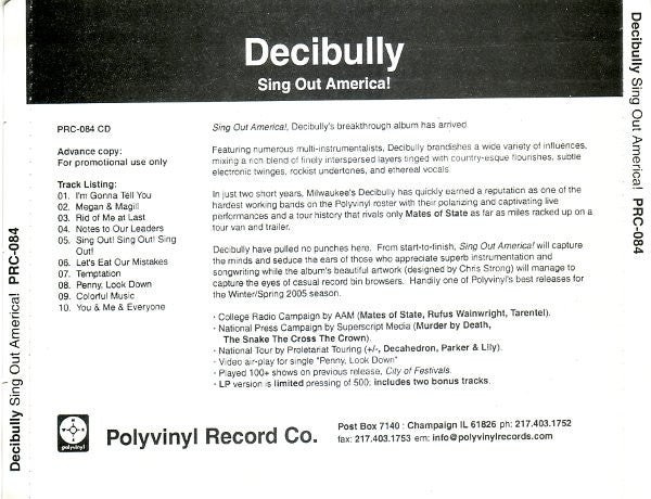 Decibully : Sing Out America! (CD, Advance, Album, Promo)