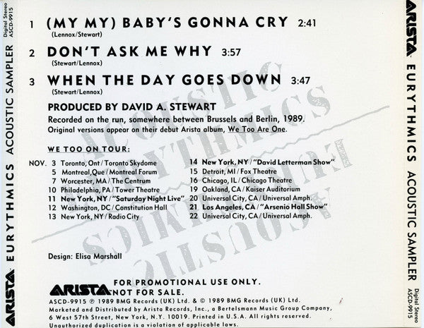 Eurythmics : Acoustic Eurythmics (CD, Promo, Smplr)