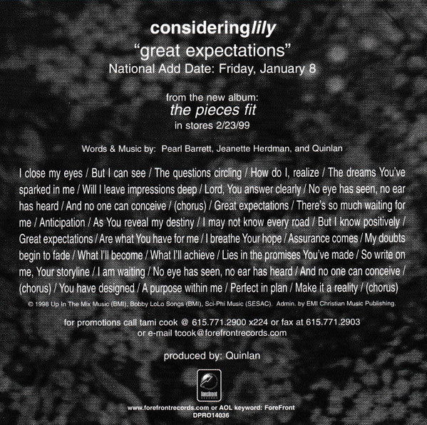 Considering Lily : Great Expectations (CD, Single, Promo)