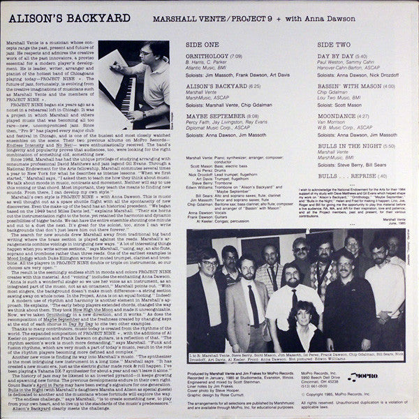 Marshall Vente / Project 9+ With Anna Dawson (2) : Alison's Backyard (LP, Album)