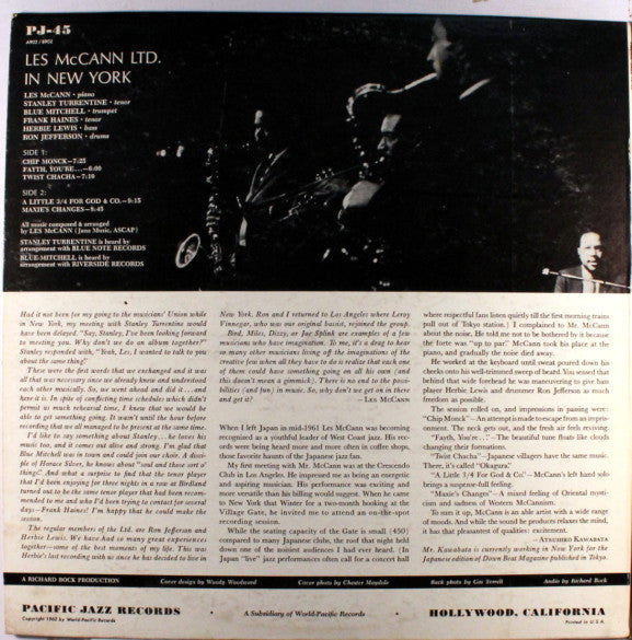 Les McCann Ltd. • Stanley Turrentine • Blue Mitchell with Frank Haines*, Herbie Lewis, Ron Jefferson : Les McCann Ltd. In New York (Recorded "Live" At The Village Gate) (LP, Album, Mono)