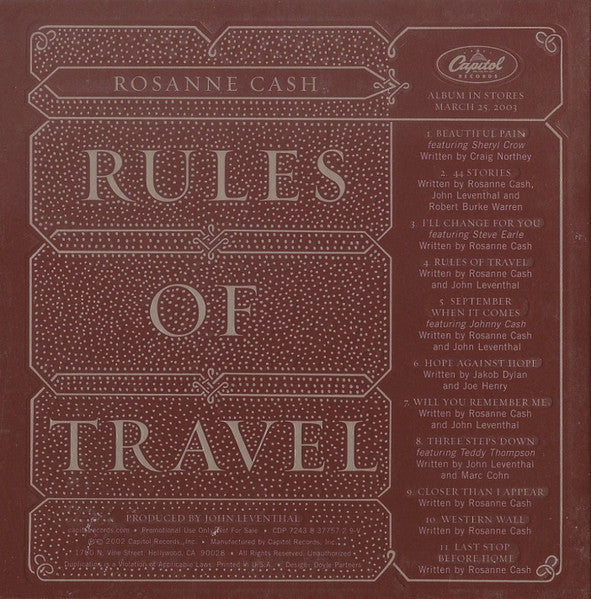 Rosanne Cash : Rules Of Travel (CD, Advance, Album, Promo)