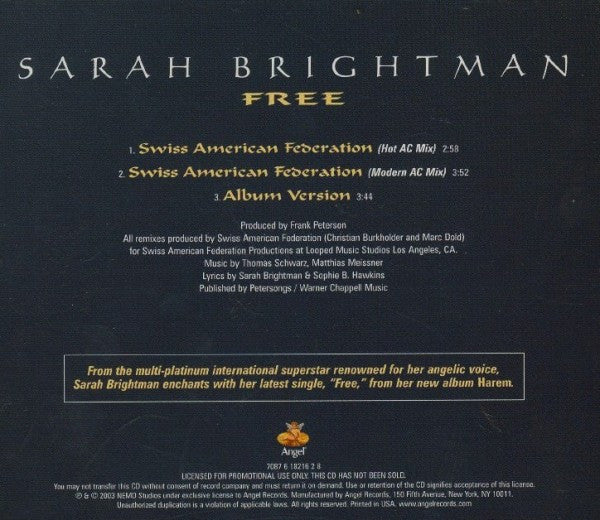 Sarah Brightman : Free (CD, Single, Promo)