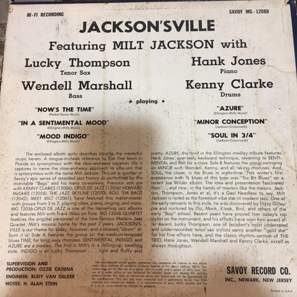 Milt Jackson : Jackson'sville (LP, Album, Mono)
