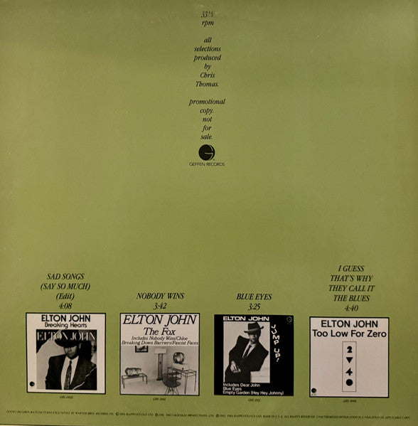 Elton John : Sasson Presents Elton John (12", S/Sided, Etch, Ltd, Promo)