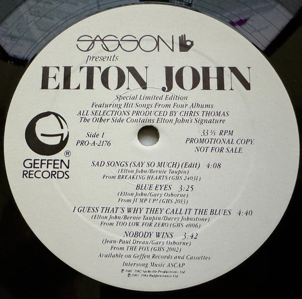 Elton John : Sasson Presents Elton John (12", S/Sided, Etch, Ltd, Promo)