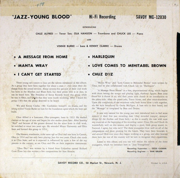 Chuz Alfred, Ola Hanson, Chuck Lee with Vinnie Burke & Kenny Clarke : Jazz- Young Blood (LP, Album)