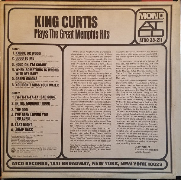 King Curtis : Plays The Great Memphis Hits (LP, Album, Mono, Ter)