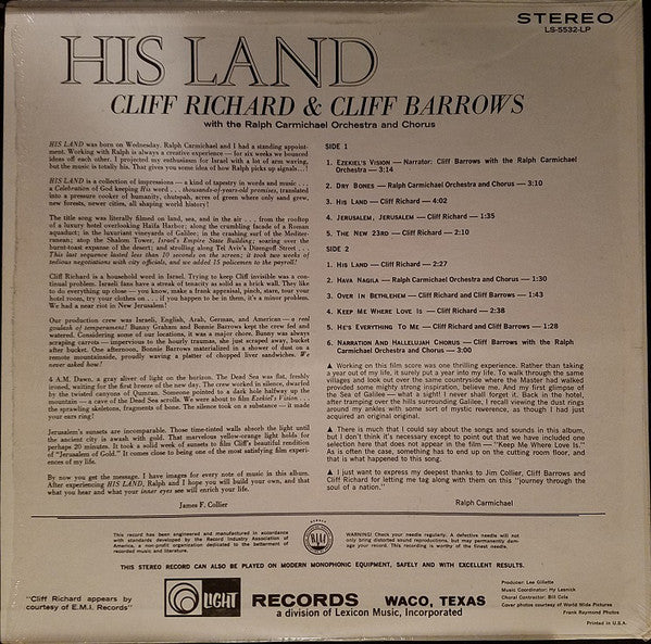 Cliff Richard & Cliff Barrows With Ralph Carmichael Orchestra And The Ralph Carmichael Singers : His Land (LP, Album)