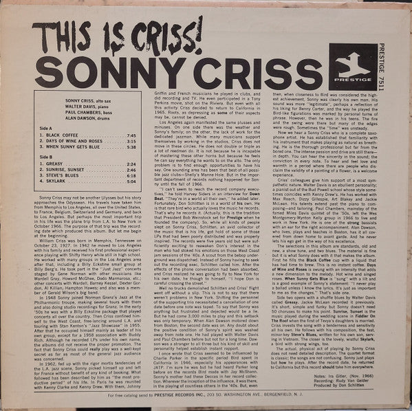 Sonny Criss : This Is Criss! (LP, Album, Mono)