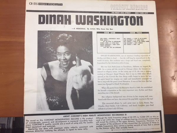 Various : Dinah Washington: A Memorial Tribute (LP, Comp, Mono)