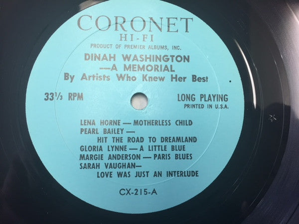 Various : Dinah Washington: A Memorial Tribute (LP, Comp, Mono)