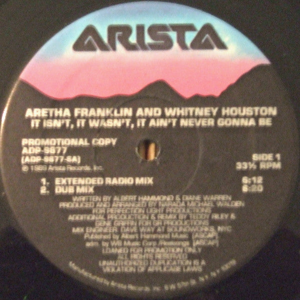 Aretha Franklin And Whitney Houston : It Isn't, It Wasn't, It Ain't Never Gonna Be (12", Promo)