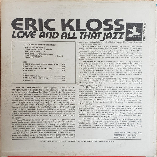 Eric Kloss With Don Patterson & Richard "Groove" Holmes : Love And All That Jazz (LP, Album, Mono)