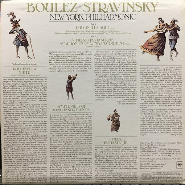 Pierre Boulez Conducts Igor Stravinsky, New York Philharmonic : Pulcinella Suite / Scherzo Fantastique / Symphonies Of Wind Instruments (LP, Album, Quad)