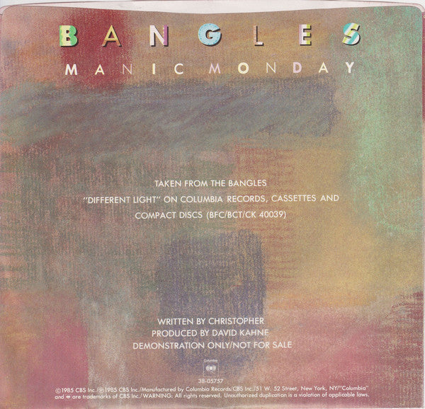 Bangles : Manic Monday (7", Single, Promo, Pit)