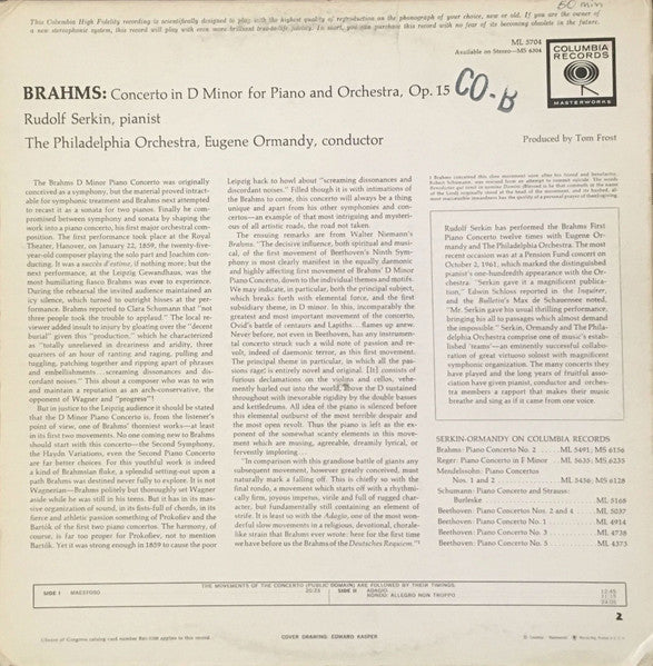 Rudolf Serkin / Eugene Ormandy, The Philadelphia Orchestra, Johannes Brahms : Piano Concerto No.1 In D Minor (LP, Mono)
