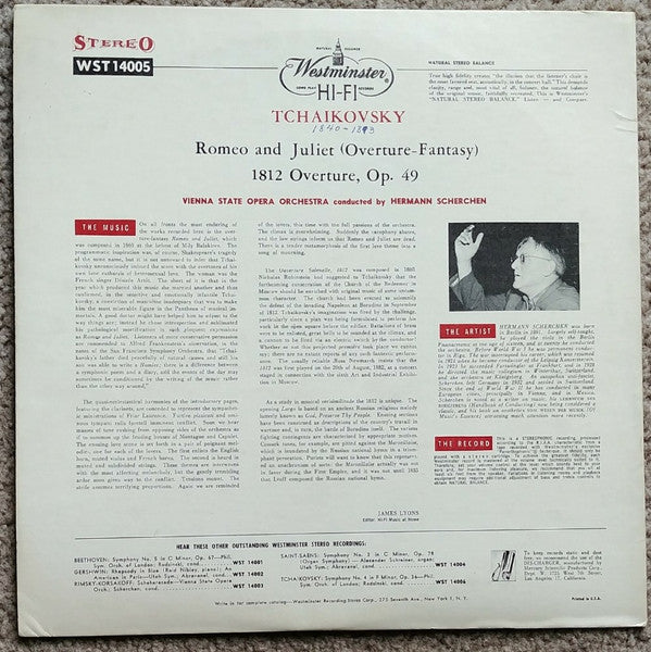 Tchaikovsky*, Vienna State Opera Orchestra* Conducted By Hermann Scherchen : 1812 Overture / Romeo And Juliet Overture (LP, Album)