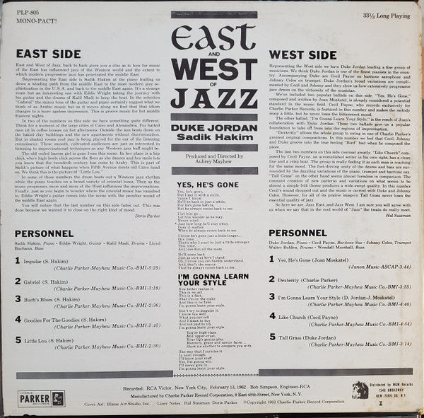Duke Jordan And Sadik Hakim : East And West Of Jazz (LP, Album, Mono, Bla)