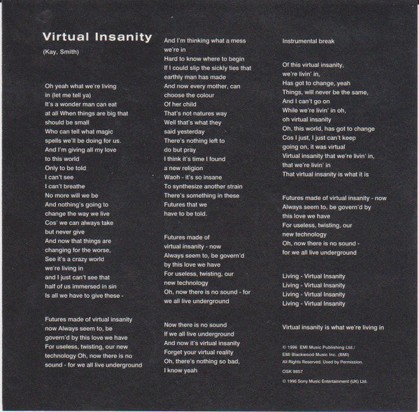 Jamiroquai : Virtual Insanity (CD, Single, Promo)