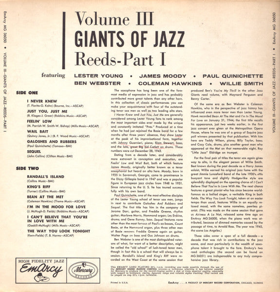 Various : The Jazz Greats (Giants Of Jazz Volume III Reeds-Part I) (LP, Comp, Mono)