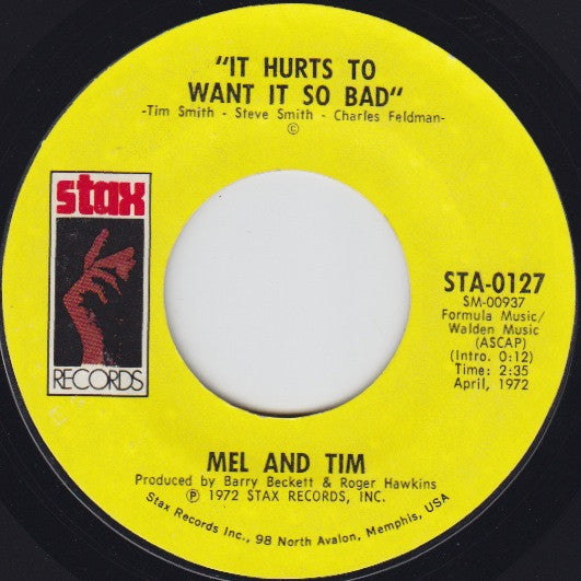 Mel & Tim : Starting All Over Again / It Hurts To Want It So Bad (7", Single, Styrene)