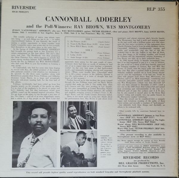 Cannonball Adderley : Cannonball Adderley And The Poll-Winners Featuring Ray Brown And Wes Montgomery (LP, Album, Mono)