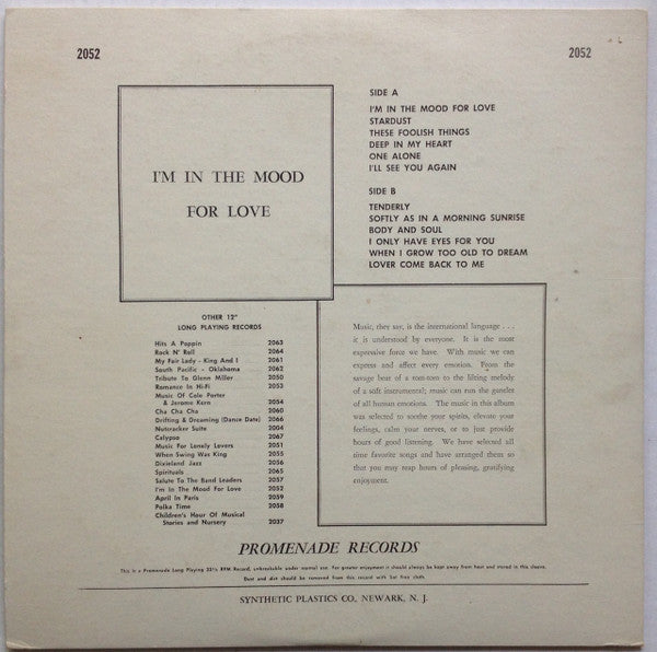 Frank Washburn And His Orchestra : I'm In The Mood For Love (LP, Album, Mono)