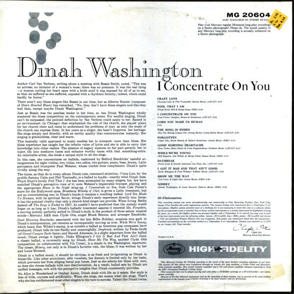 Dinah Washington : I Concentrate On You (LP, Album, Mono)