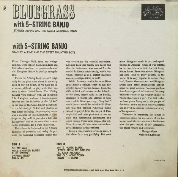 Stanley Alpine And The Sweet Mountain Boys : Bluegrass With 5-String Banjo (LP)