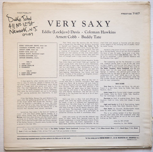 Eddie "Lockjaw" Davis - Buddy Tate - Coleman Hawkins - Arnett Cobb : Very Saxy (LP, Album, Mono, Abb)
