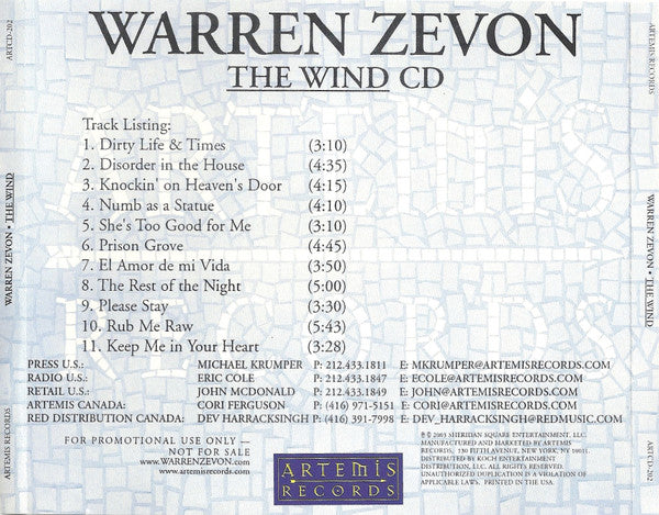 Warren Zevon : The Wind (CD, Album, Promo)