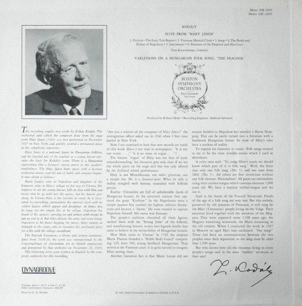 Zoltán Kodály - Boston Symphony Orchestra / Erich Leinsdorf : Suite From "Háry János" / Variations On A Hungarian Folk Song, "The Peacock" (LP, Album, Ind)