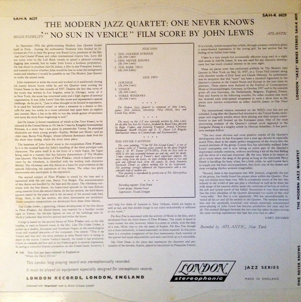 The Modern Jazz Quartet : The Modern Jazz Quartet Plays One Never Knows - Original Film Score For “No Sun In Venice” (LP, Album)