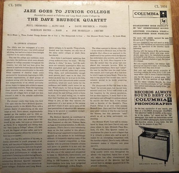 The Dave Brubeck Quartet : Jazz Goes To Junior College  (LP, Album, Mono, Promo)