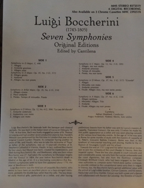 Luigi Boccherini, Cantilena, Adrian Shepherd : Luigi Boccherini - Seven Symphonies (3xLP)