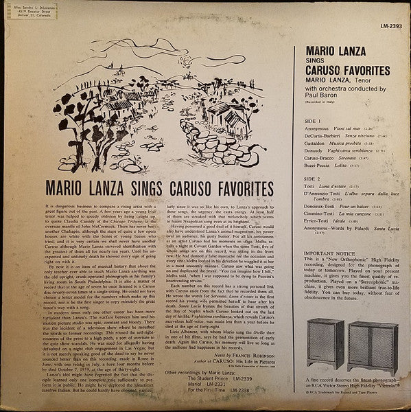 Mario Lanza : Sings Caruso Favorites (LP, Album, Mono, Hol)