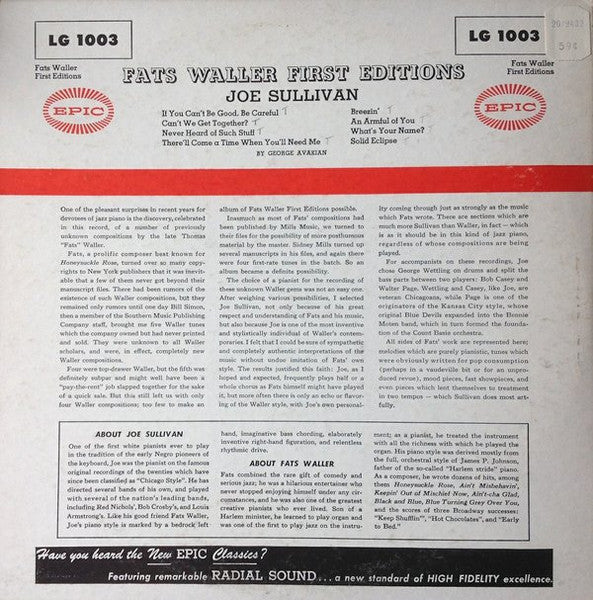 Joe Sullivan : Fats Waller First Editions (10", Album, Mono)