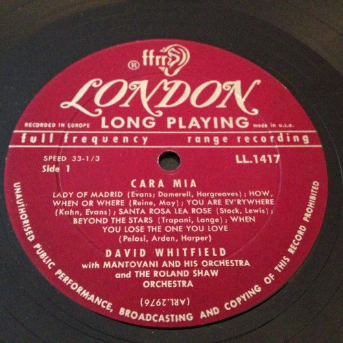 David Whitfield With Mantovani And His Orchestra And The Roland Shaw Orchestra : Cara Mia (LP, Album, Mono)