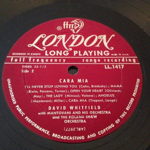 David Whitfield With Mantovani And His Orchestra And The Roland Shaw Orchestra : Cara Mia (LP, Album, Mono)