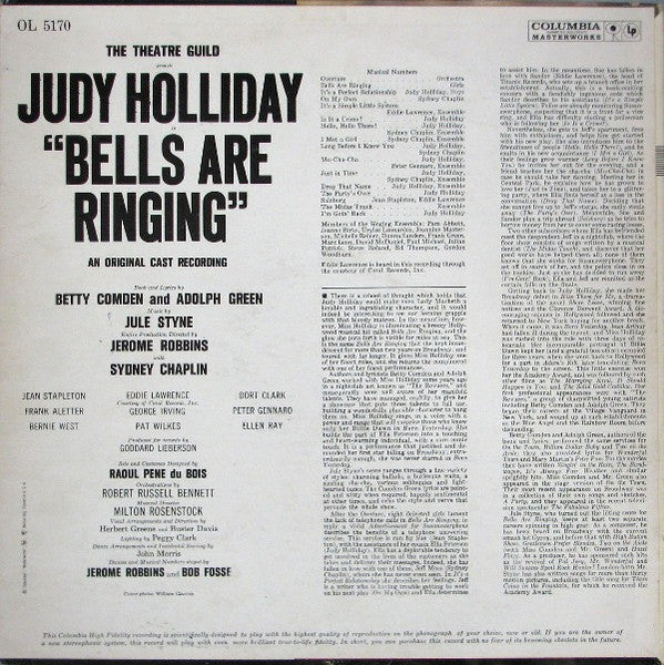 Judy Holliday, Betty Comden And Adolph Green, Jule Styne : Bells Are Ringing (LP, Album, Mono, RE)