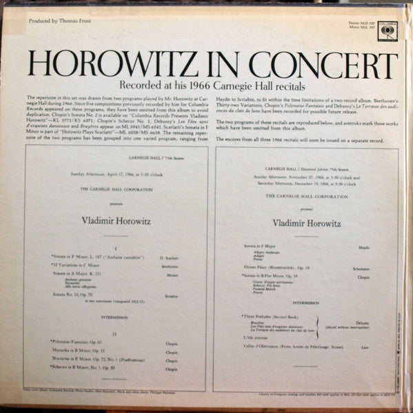 Vladimir Horowitz : Horowitz In Concert (Recorded At His 1966 Carnegie Hall Recitals) (2xLP, Pit)