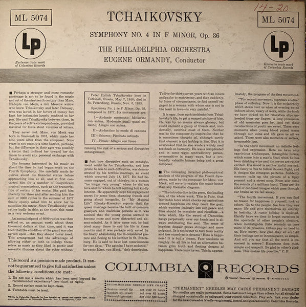 Tchaikovsky* - The Philadelphia Orchestra, Eugene Ormandy : Symphony No. 4 In F Minor, Op. 36 (LP, Album, Mono)
