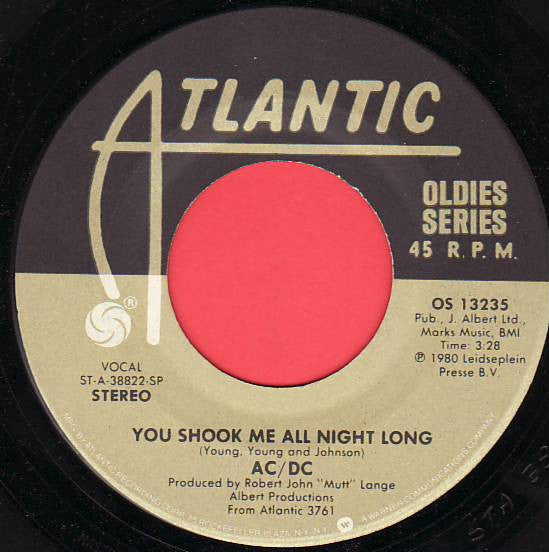 AC/DC : You Shook Me All Night Long / Back In Black (7", Single, RE, Gol)