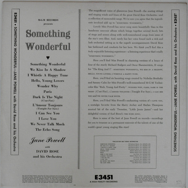 Jane Powell With David Rose & His Orchestra : Something Wonderful (LP, Mono)