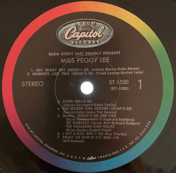 Miss Peggy Lee* : Basin Street East Proudly Presents Miss Peggy Lee Recorded At The Fabulous New York Club (LP, Album, RE, Scr)